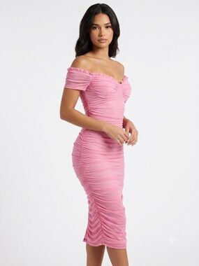 Privy Pink Off-Shoulder Ruched Bodycon Mesh Midi Dress Size Small